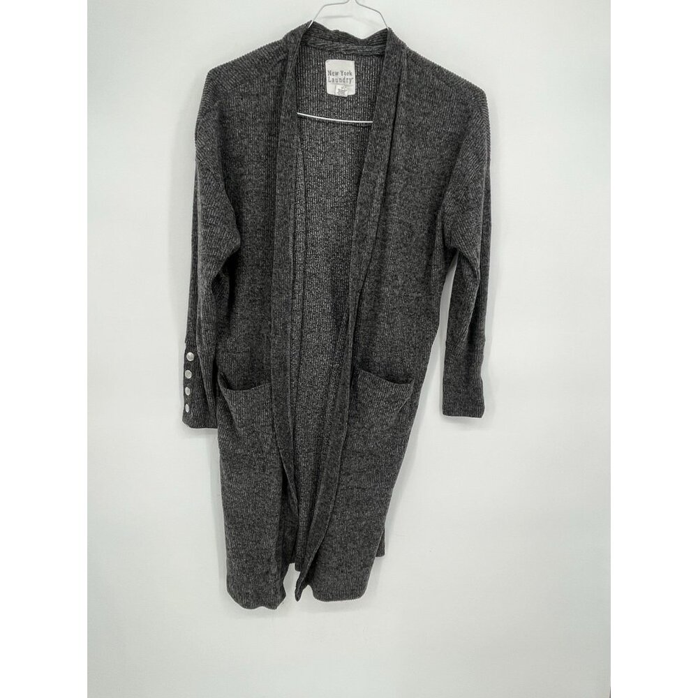New York Laundry Womens Long Open Cardigan Sweater L Gray Ribbed Cozy